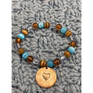 Beaded Stretchy Bracelet Cat's Eye Glass Plastic Love Charm 6.25 in Unstretched